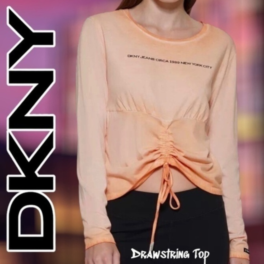DKNY JEANS Front Drawstring Long Sleeve Logo Top